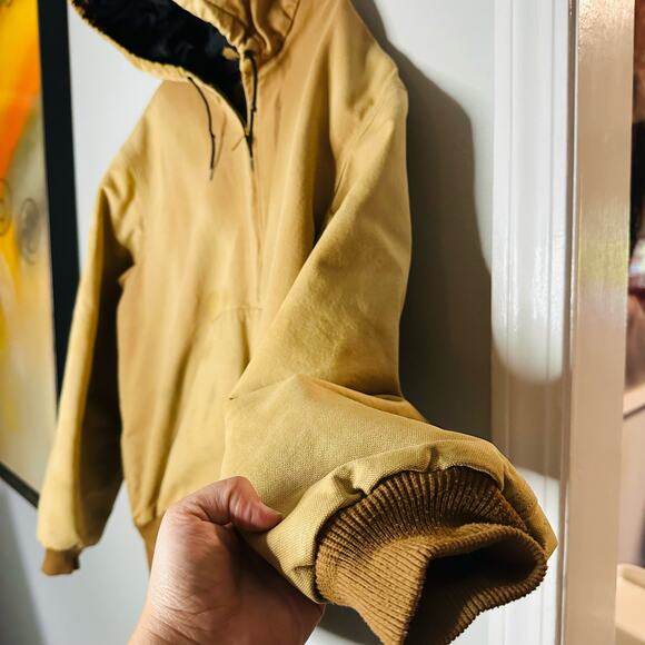 CARHARTT Brown Canvas Hooded Black Quilted Lining Bomber Work Jacket Size XL - Picture 4 of 11